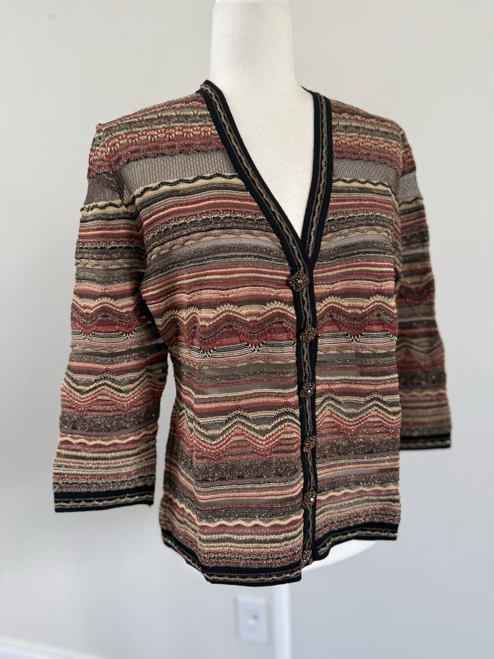 Ball of Cotton Women's Mesh V-Neck 3/4Sleeve Embellishment Button Cardigan Top L